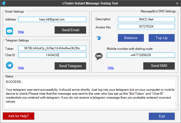 cTrader Email, SMS & telegram Setup