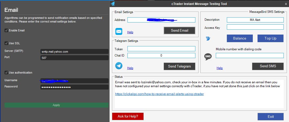 Email configuration that works with cTrader clickAlgo test tool